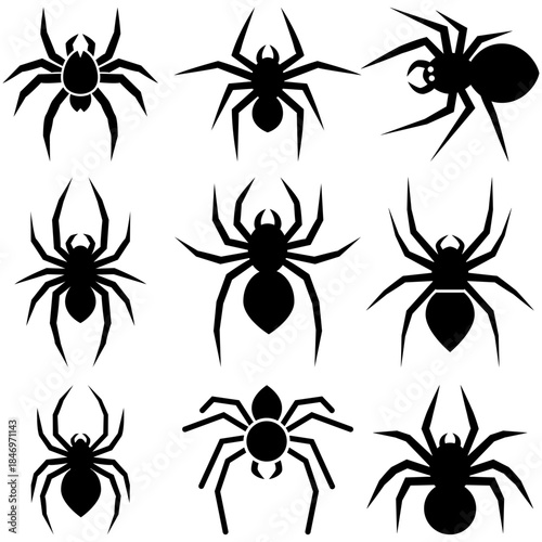 Arachnid Silhouette: A compilation of nine arachnid silhouettes, showcasing distinct features of spider, perfect for any design and illustrations. 