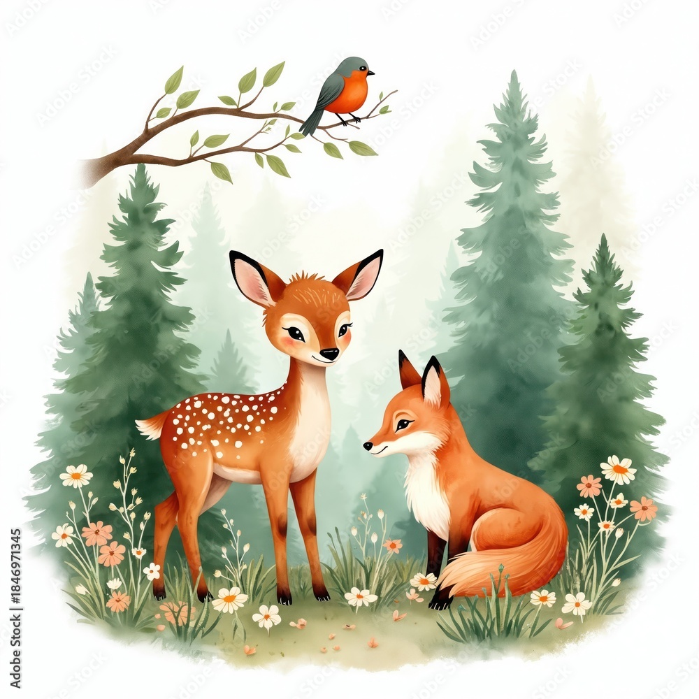 Fototapeta premium Cute fawn and fox sit in forest meadow. Bird rests on tree branch above. Watercolor forest scene with woodland animals and flowers. Peaceful nature illustration.