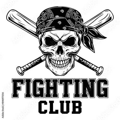 Skull Emblem: A stark black and white emblem showcases a skull intertwined with crossed baseball bats, over the bold text FIGHTING CLUB, evoking themes of rebellion and strength.