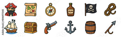Colorful cartoon collection of pirate icons including a captain, treasure map, ship, chest, compass, and Jolly Roger flag in a fun doodle style illustration set