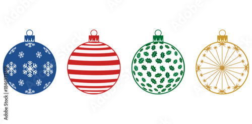 Christmas Ornaments: A vibrant quartet of Christmas ornaments, each adorned with a unique pattern, ready to infuse festive cheer and create a whimsical holiday scene.