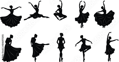 Elegant ballet dancer silhouettes set in graceful poses, classical dance movements illustration, black female ballerina figures isolated on white background