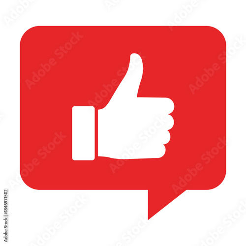 Digital Approval: A bold red speech bubble featuring a white thumbs-up symbol, symbolizing digital approval and endorsement.