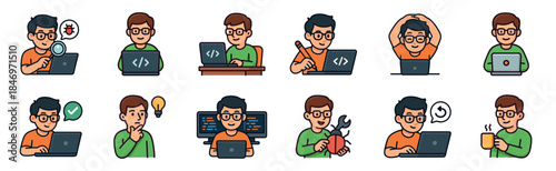 Collection of cartoon programmer character icons showing a developer coding, debugging, thinking, and working on a laptop in various poses for software development concepts