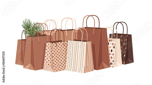 Collection of stylish shopping bags in various patterns and colors suggests a successful retail experience and consumerism.