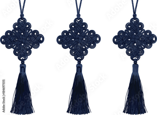Elegant navy blue Chinese knot tassel ornaments set, traditional Asian decorative hanging charm, cultural textile design isolated on white background