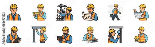Collection of construction worker and engineer icons showing diverse characters in hard hats performing tasks like building, inspecting, and planning with blueprints in a simple cartoon doodle style