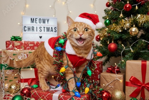 Cute Orange Tabby Cat in Santa Claus Costume with Christmas Lights and Meowy Christmas Sign - Funny Pet in Festive Holiday Scene with Tree and Gifts