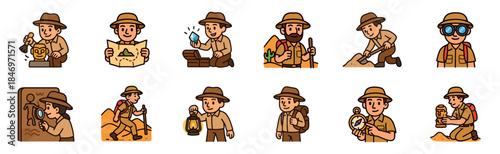 Collection of cute cartoon archaeologist characters on an adventure, exploring ruins, digging for artifacts, reading a treasure map, and discovering ancient relics and gems