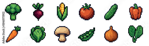 Collection of colorful pixel art vegetables featuring broccoli, corn, tomato, and carrot in a retro 8-bit video game style illustration set for digital design