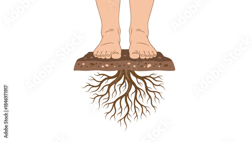 Bare feet stand firmly on soil with visible roots extending downwards, symbolizing growth, connection to nature, and grounding.