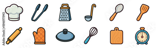 Colorful set of kitchen utensil icons for cooking and baking, including a chef hat, grater, whisk, and rolling pin, presented in a simple cartoon line art illustration style
