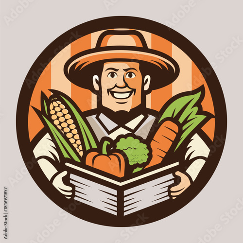 Smiling farmer holds a box of freshly harvested crops with an inviting happy facial expression