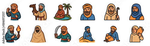 Set of twelve cartoon character icons depicting ancient Middle Eastern people in various poses and activities, including a shepherd, a warrior, and a traveler with a camel