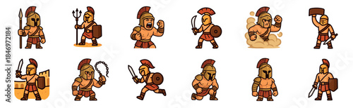 Collection of cartoon ancient warrior characters in various action poses with helmets, armor, shields, and weapons, illustrated as a sprite set for a video game or animation