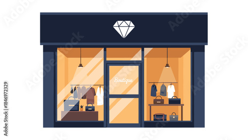 Charming boutique storefront displays fashionable clothing and accessories in a warmly lit, inviting retail space.