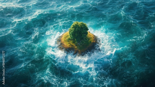An aerial view of a small isolated island with a single green tree surrounded by rough ocean waves
