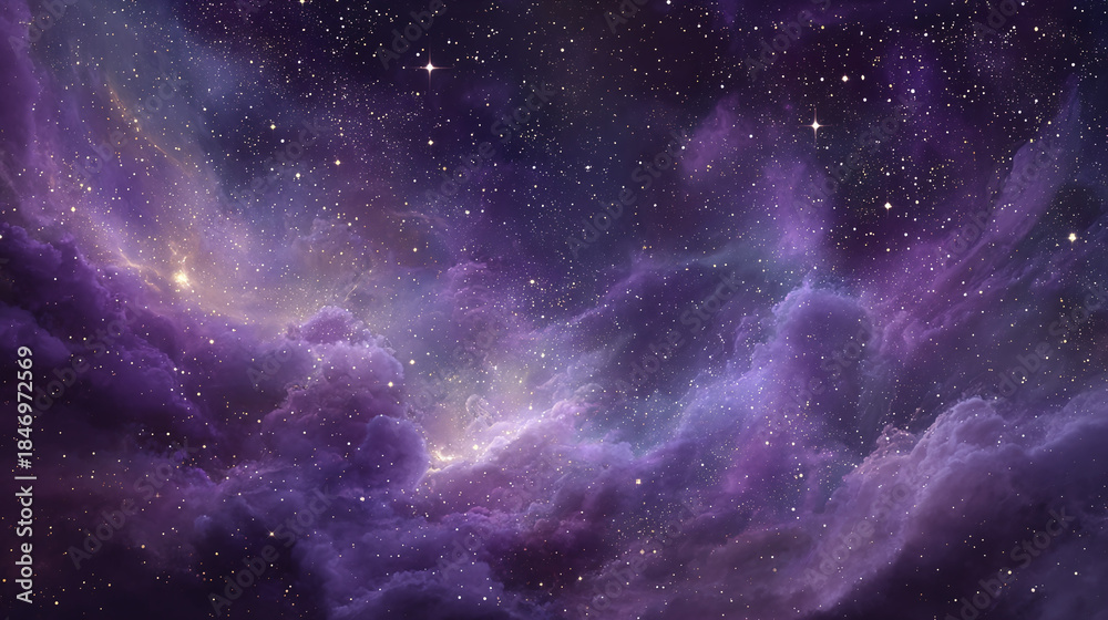 Fototapeta premium A vibrant depiction of a cosmic nebula in deep purple, gold and blue hues, the image evokes a sense of wonder and vastness
