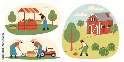 Farm Life and Harvest Activities Flat Illustration