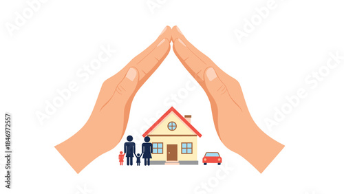 Protecting family and home with caring hands symbolizes security, safety, and the importance of a stable environment for loved ones.