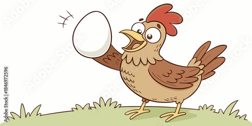 Happy Cartoon Hen Holding Fresh Egg on Grass
