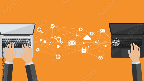 Two people are connecting and exchanging information through laptops and a complex network of digital icons.