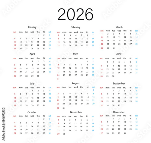 Calendar and planner 2026 year, schedule month calendar, European organizer template. Clean minimal wall diary planner with notes, mini preview and Sunday start. 