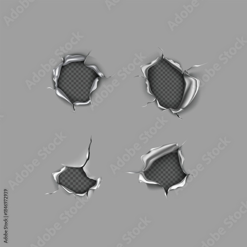 Set of four realistic metal tears and holes ripped through a gray surface background texture