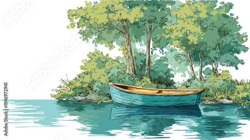 Boat in Water with Background Trees, Tranquil Nature Scene Vector Illustration