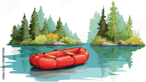 Red Raft Boat on Water with Trees Background for Outdoor Recreation and Nature Adventure