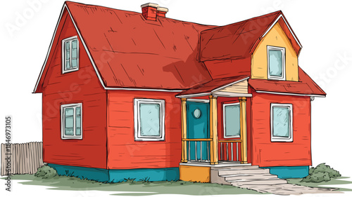 Vibrant Cartoon Red House with Yellow Roof Illustration
