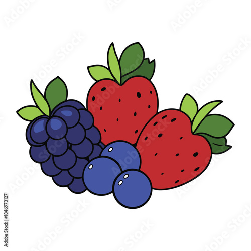 A vibrant mix of fresh berries—strawberries, blueberries, raspberries, and blackberries—bursting with color, sweetness, and juicy flavor, perfect for coloring fun.
