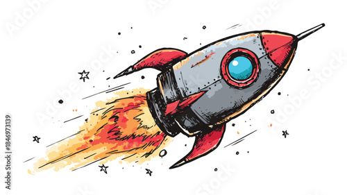 Cartoon Rocket with Red and Black Fire - Space Adventure Illustration