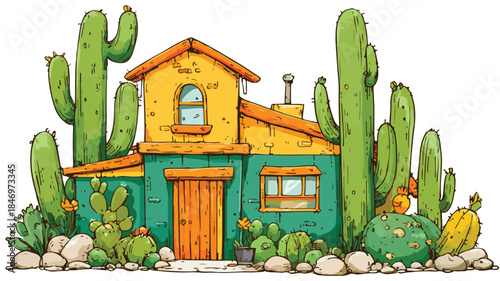 Cartoon House with Cactus and Cactus Vector Illustration