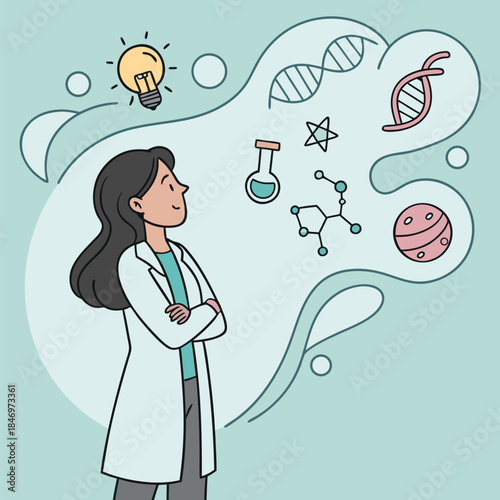Young Asian researcher contemplates science with lightbulb, dna strand, and molecule visuals
