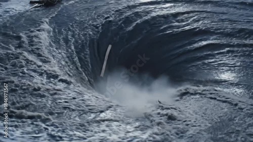 Powerful Ocean Whirlpool Vortex of Dark Turbulent Water Swirling Downward in Natural Dangerous Phenomenon with Frothy White Foam and Dramatic Lighting