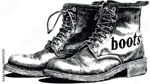 Stylish Drawing of Boots with the Word "Boots" - High-Quality Illustration