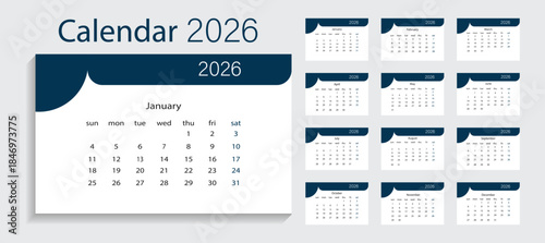 2026 Calendar Templates - Full Year Modern Design. 