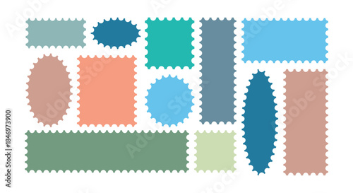Colorful Postage stamp set. Zigzag edge and scallop edge. Rectangle shape with zigzag edges. Vector illustration.  