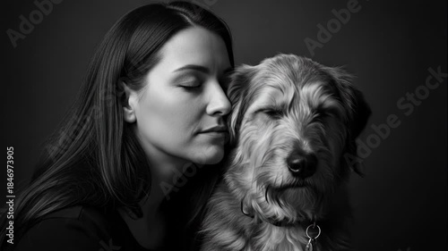 Woman gently resting her head on a terrier dogs face