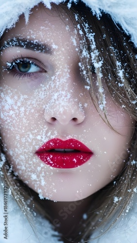 Snow-covered female model with red lipstick, frosty macro portrait