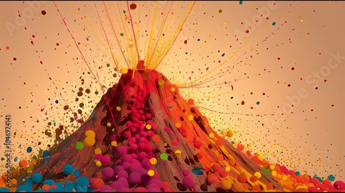 Vibrant colorful volcano eruption with rainbow hues and dynamic splashes
