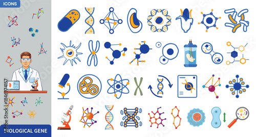Biological Gene Duotone Icon Set with Scientist Character, DNA, Molecular Biology, Genetics, Medical Research and Science Symbols