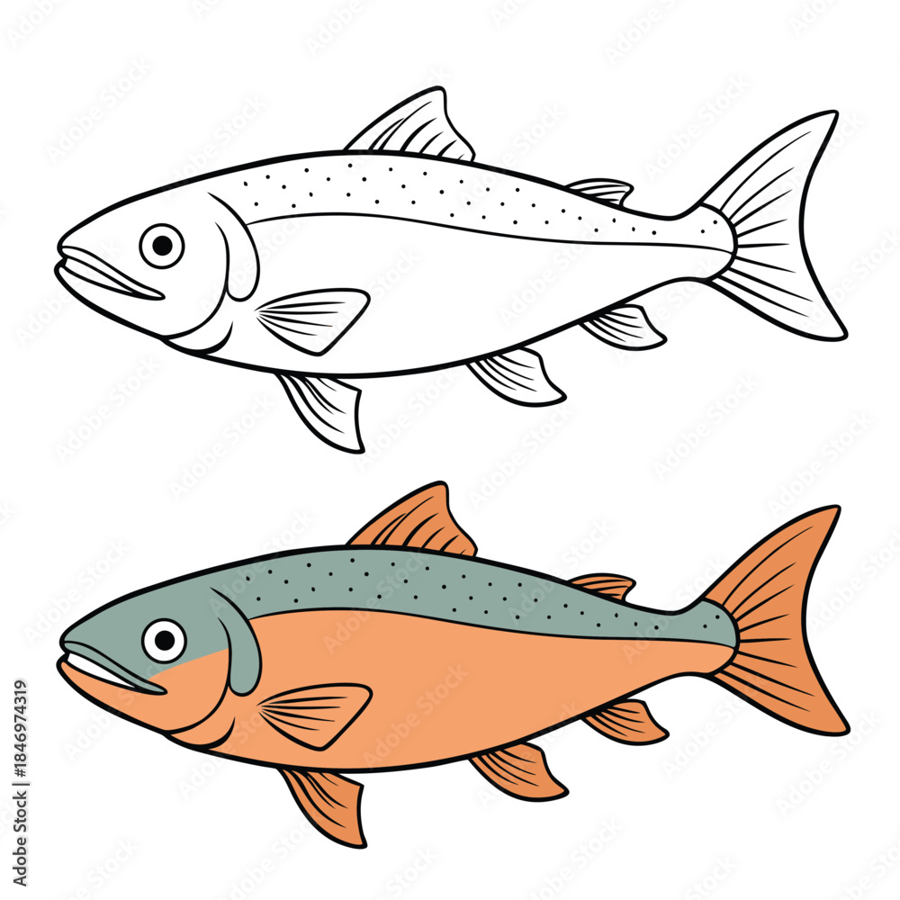 Obraz premium Detailed salmon coloring page featuring a graceful fish with flowing fins, textured scales, and gentle river waves. Clean outlines inspire creativity, perfect for kids and adults to color. 