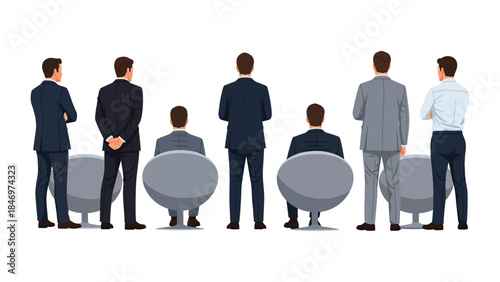 Vector illustration set of diverse businessmen in formal attire standing and sitting from the back view, isolated on a white background, concept for business meetings, conferences, or job interviews

