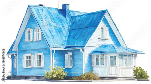 Blue House with Blue Roof Painting for Interior Decor Inspiration