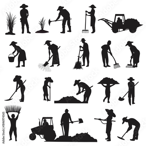 Silhouette farmers work with various farm equipment, showing activities related to agriculture and cultivation