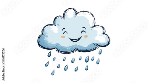 Cheerful Cartoon Cloud with Raindrops Smiling: Adorable Vector Illustration