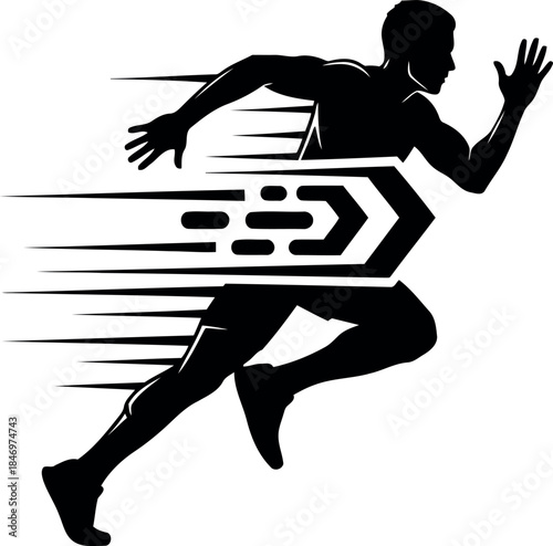 Silhouette of a man running quickly with motion lines and arrow silhouette