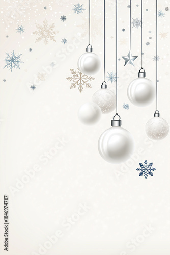 Silver Christmas ornaments hanging against a soft white background, with copy space for design